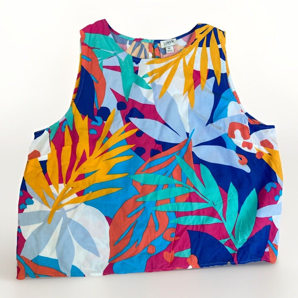 J Crew Womens XL Multicolor Tropical Leaf Print Sleeveless Viscose Tank Top